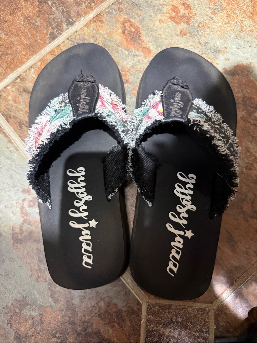 Gypsy Jazz Black Flip Flops with Multicolor Fringe Accents